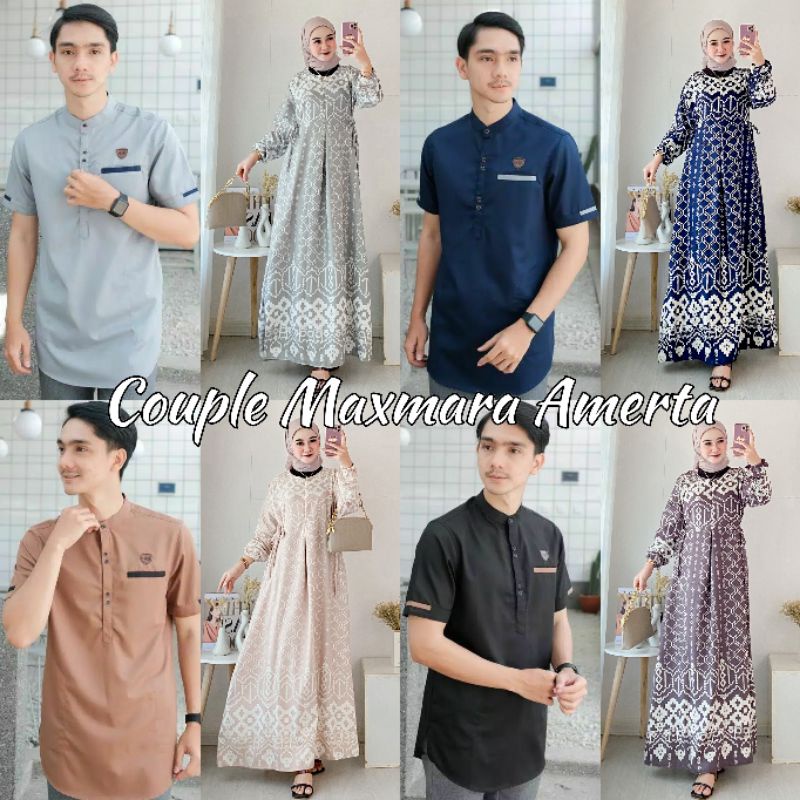 Set Couple Pasangan Gamis Maxmara Amerta Terbaru M/L/XL/XXL Zipper Depan Couple Koko