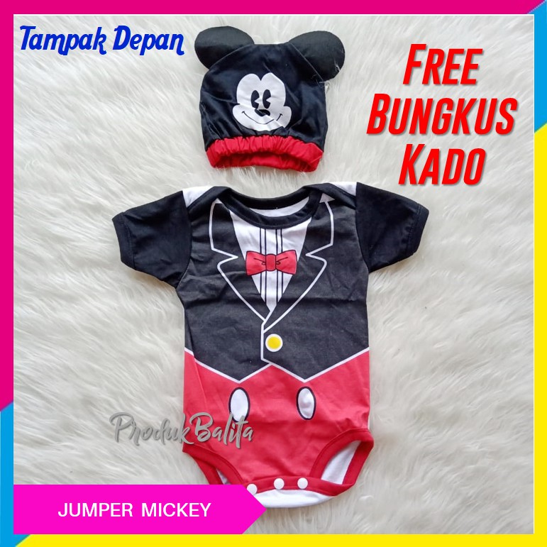 Jumper Baby Boy Bayi Laki Perempuan Karakter Mickey Lucu Set Topi