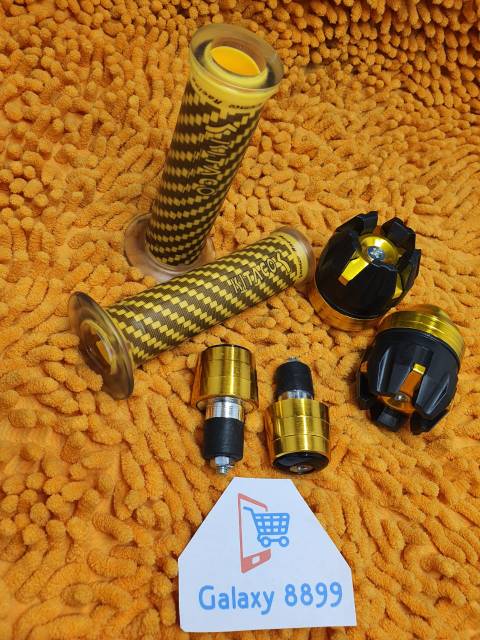 Handgrip karbon kitaco + Jalu As roda depan + Jalu stang gold universal