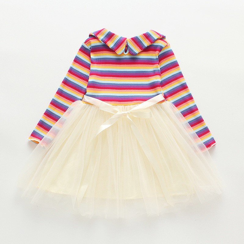 SALE DR60-Dress Anak Perempuan Lengan Panjang Rok Tutu Rainbow