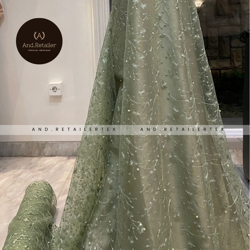 Kain Bahan Kebaya Brokat Tile Mutiara Lotus New Series Warna Sage Green