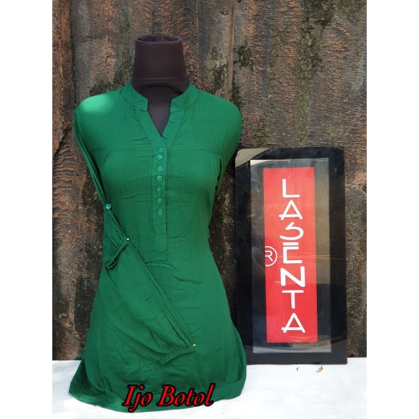 Blouse Rayon Hijau Botol Polos Wanita Kancing Depan Lengan Panjang Kerut Casual | Blus Rayon polos K