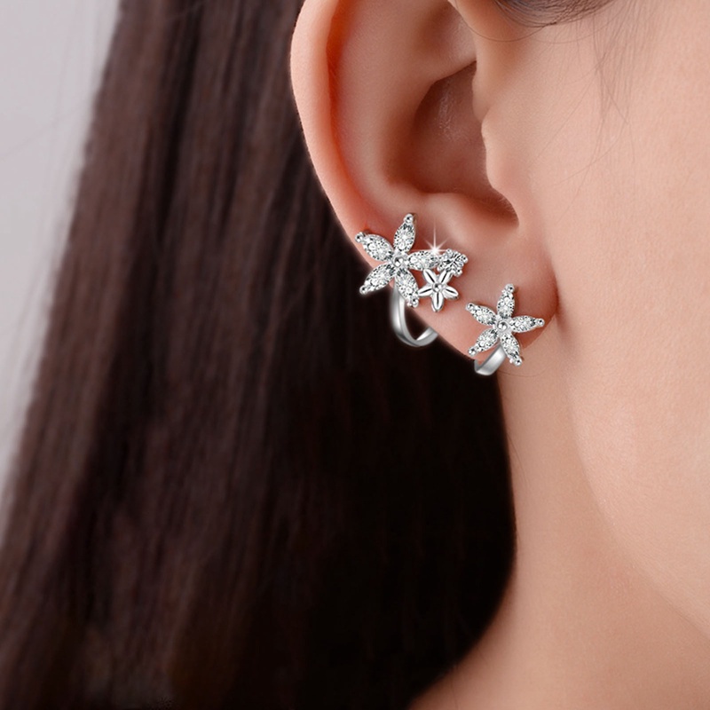 Anting Klip Bentuk Bunga Warna Silver Rose Gold Untuk Wanita