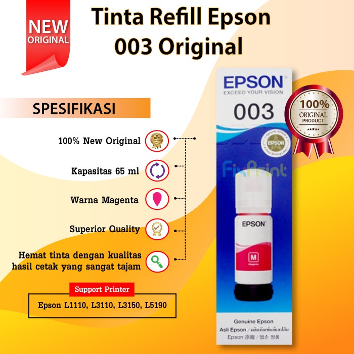 Tinta Refill Botol Epson 003 65ml Original Ink Bottle Printer L1110 L3100 L3101 L3110 L3150 L5190