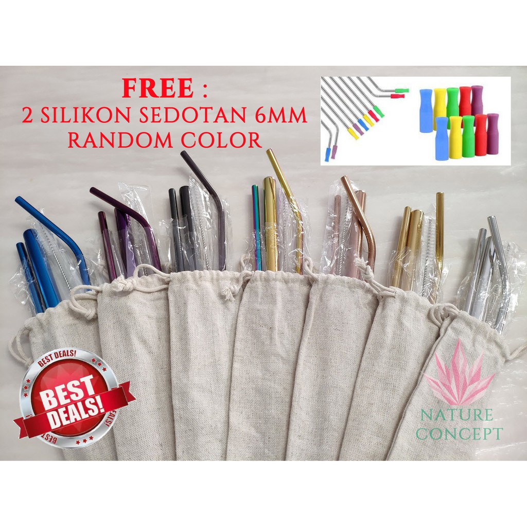 TERMURAH Sedotan Stainless SET Polos - Reusable Stainless Straw SET (BONUS 2 pcs Silikon Sedotan)