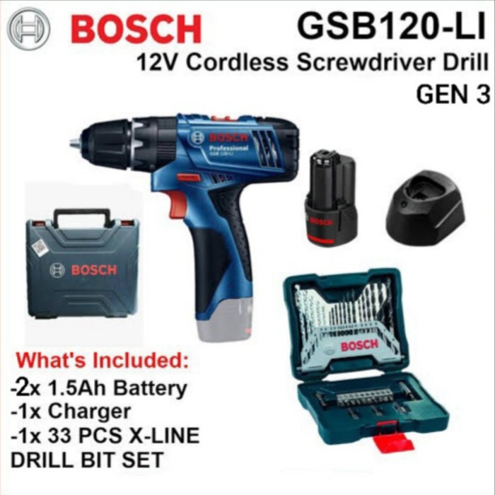 Paket Set Bor Cordless BOSCH GSB 120 Li ( 2 Batre ) Mata Bor X-Line 33