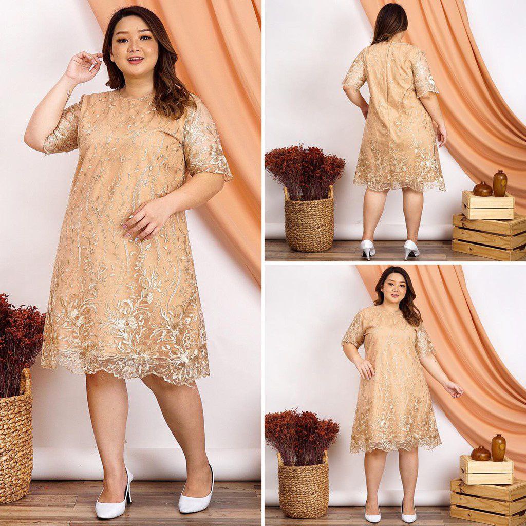 DRESS CHANDARA JUMBO BIGSIZE / BRUKAT FASHION WANITA SIZE BESAR / PAKAIAN SANTAI KASUAL LENGAN PENDEK