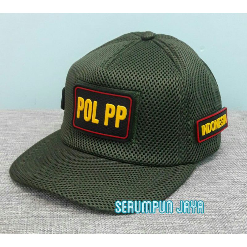 TOPI POL PP HIJAU ARMY - TOPI POL PP HIJAU ARMY 3PATCH JARING VELCRO - TOPI SATPOL PP JARING VELCRO