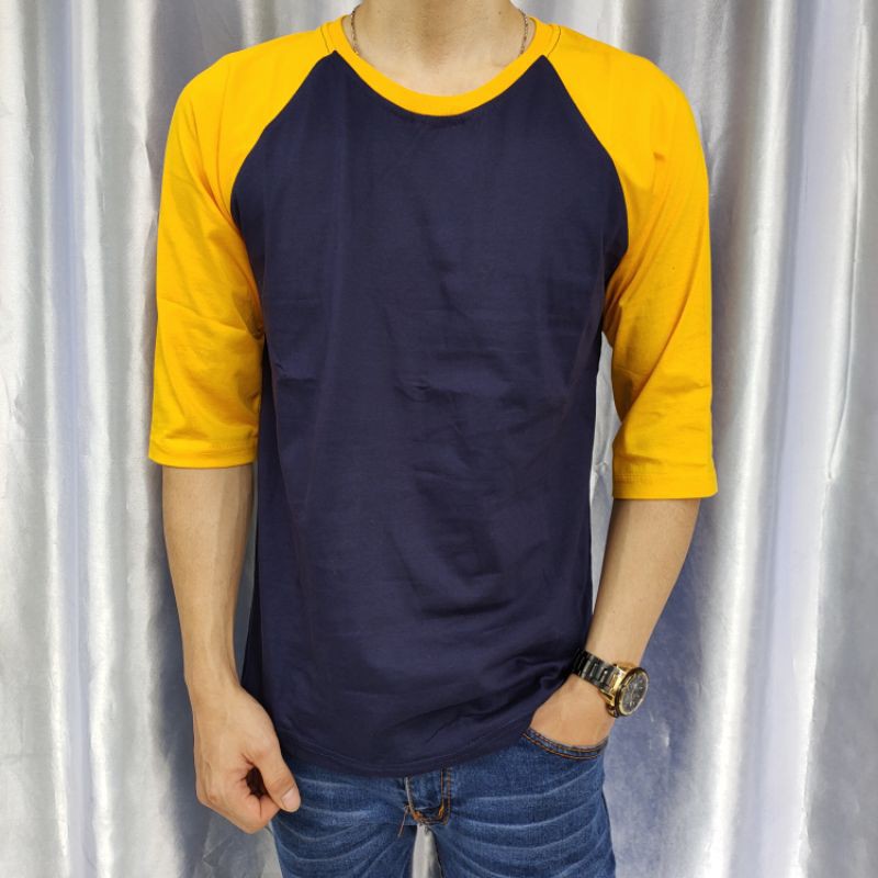 kaos ragelan polos NAVY-KUNING lengan 3/4 uk 20 22 S M L XL XXL