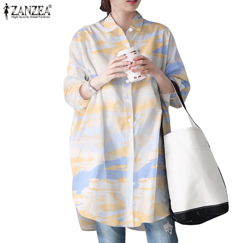 ZANZEA Spring Women Blouse Turn Down Collar Printed Full Sleeve Casual Holiday Daily Shirt