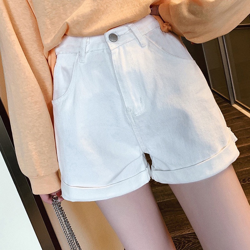 Celana Pendek Denim Wanita Celana Fashion Santai kasual Pinggang Tinggi Ramping  Longgar A-Line Lebar Kaki Lipat