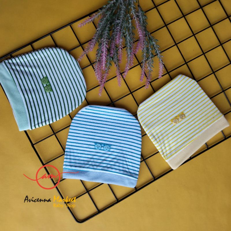 set topi sarung tangan kaki bayi garis salur newborn