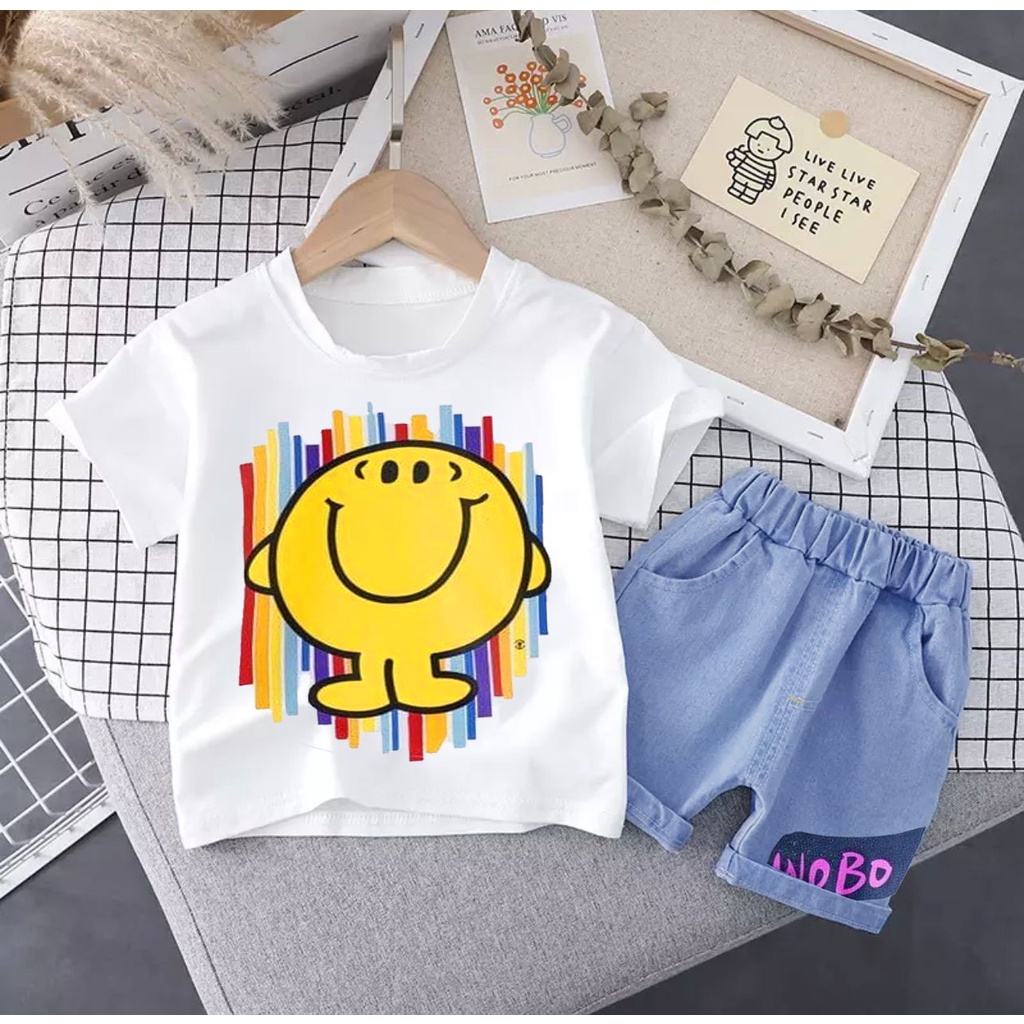 PROMO SETELAN BAJU ANAK TERBRAU MOTIF WOBO SMILE CELANA DENIM 1-5 TAHUN SETELAN BAJU ANAK LAKI LAKI DAN PEREMPUAN TERBARU