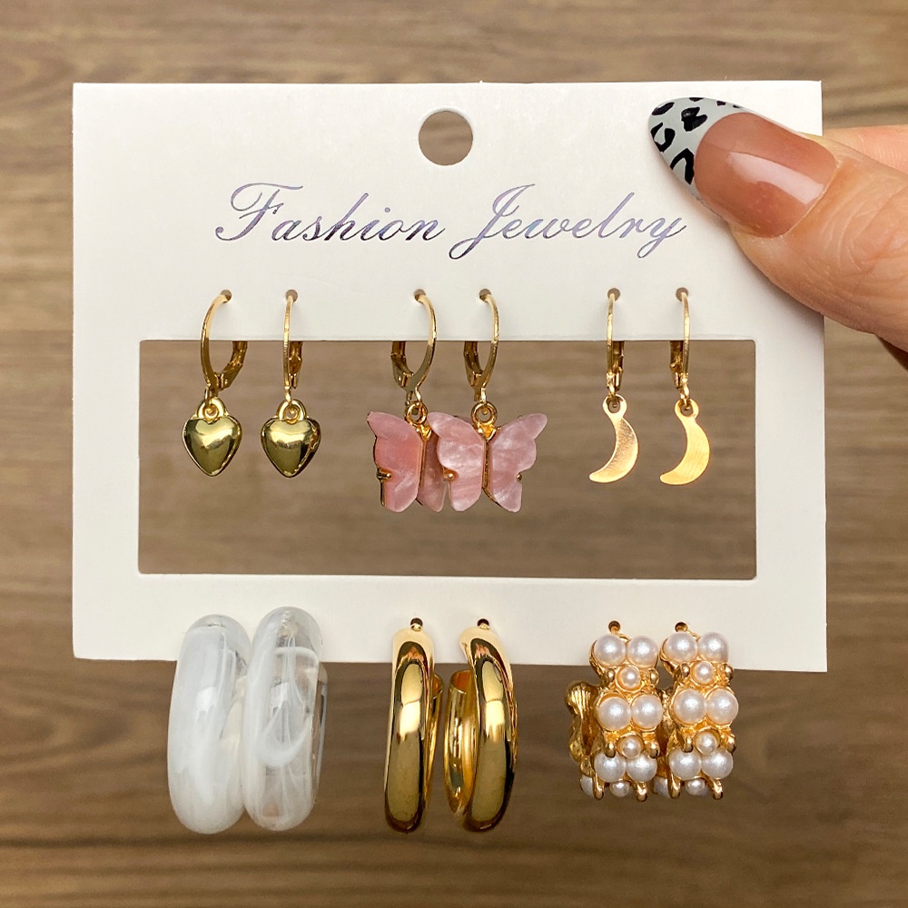 12pcs / Set Anting Bentuk Kupu-Kupu Aksen Mutiara Bahan Akrilik Gaya Vintage Untuk Wanita