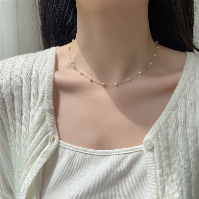 Kalung Choker Rantai Manik-Manik Mutiara Model Simple Untuk Wanita