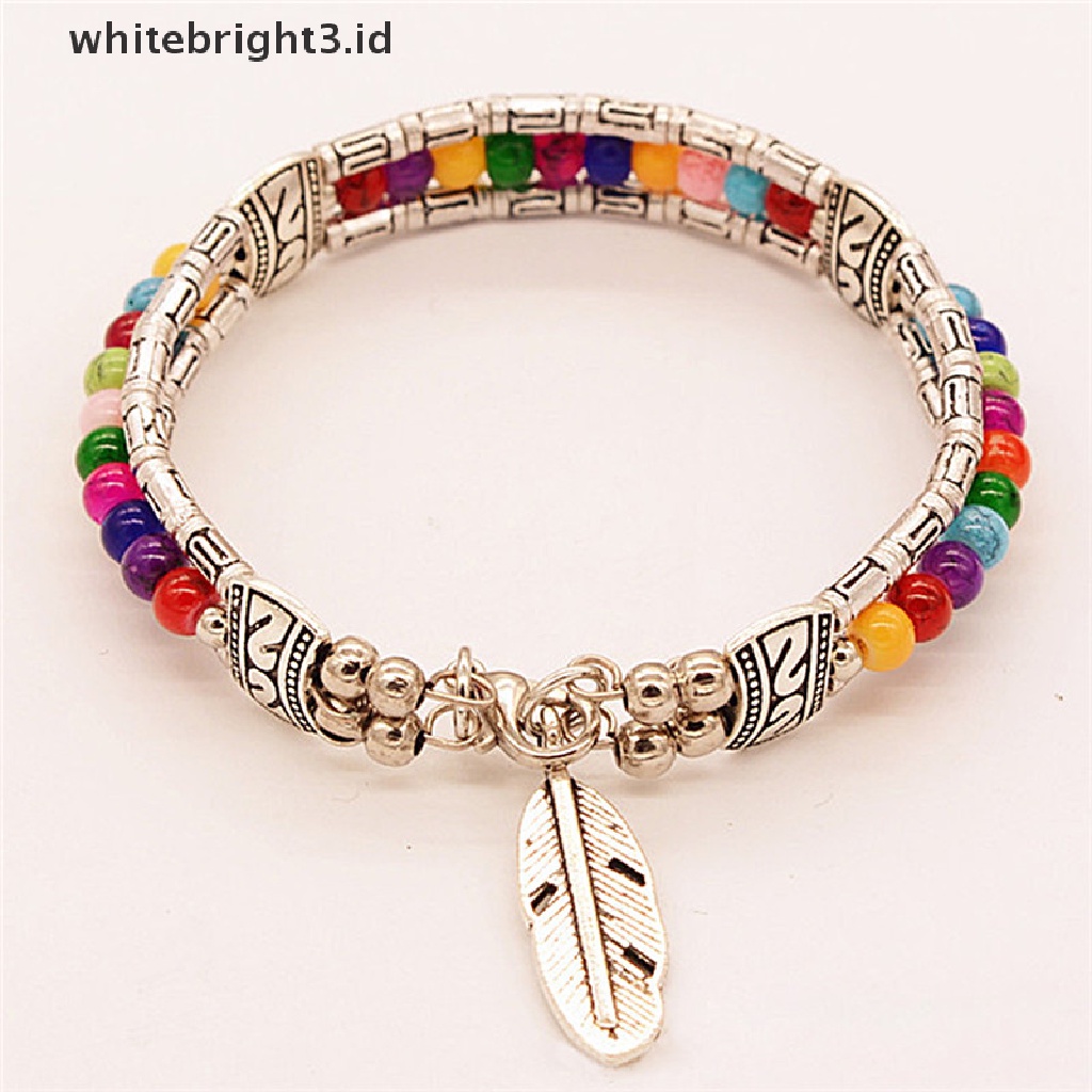 (whitebright3.id) Gelang Tangan Silver Wanita Desain Bulu Hias Turquoise Gaya Tibet / Gipsi / Vintage / Bohemia