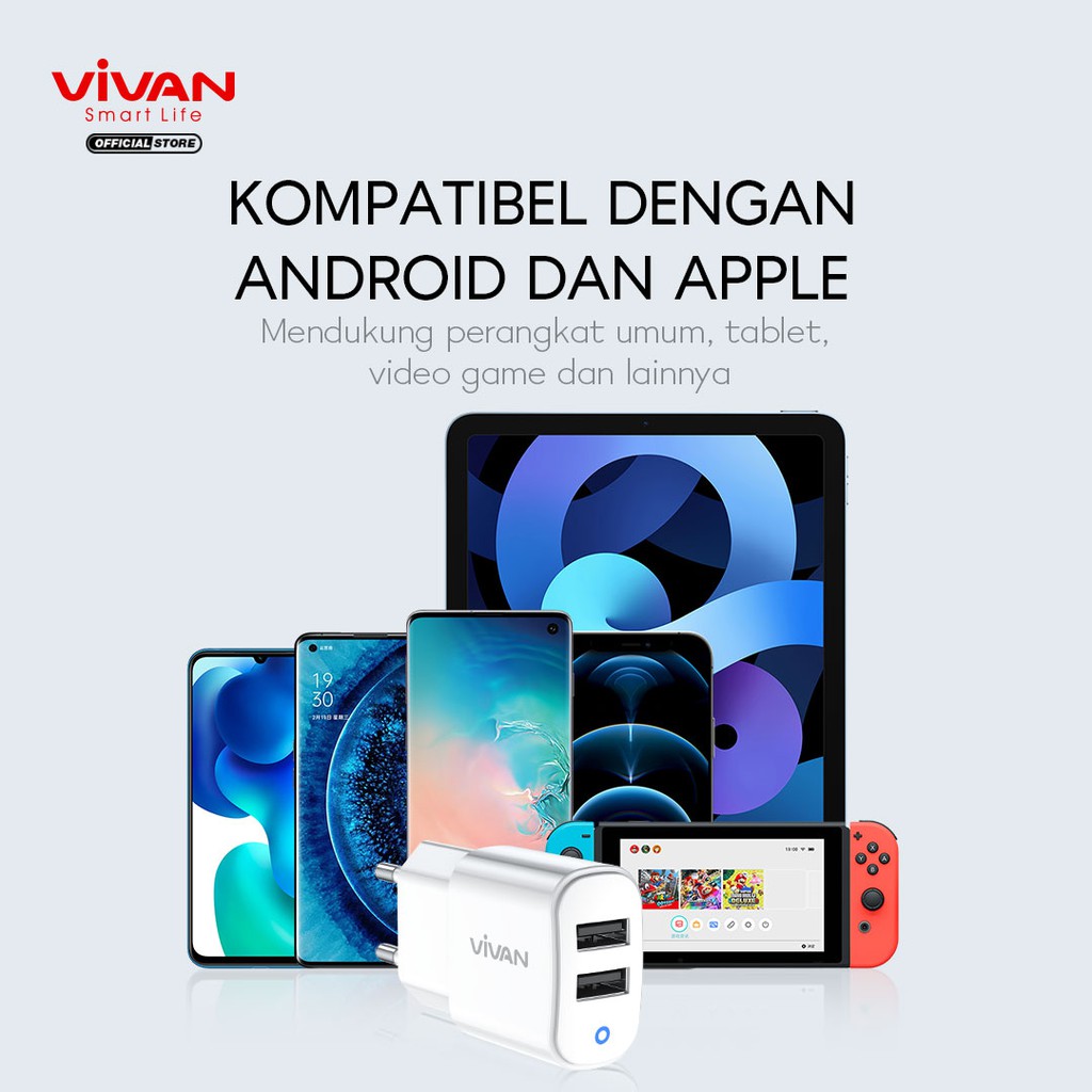 VIVAN VP01 CAS Charger Dual Output USB Quick Charging 3.1A with Charging Cable Garansi Resmi 1 Tahun