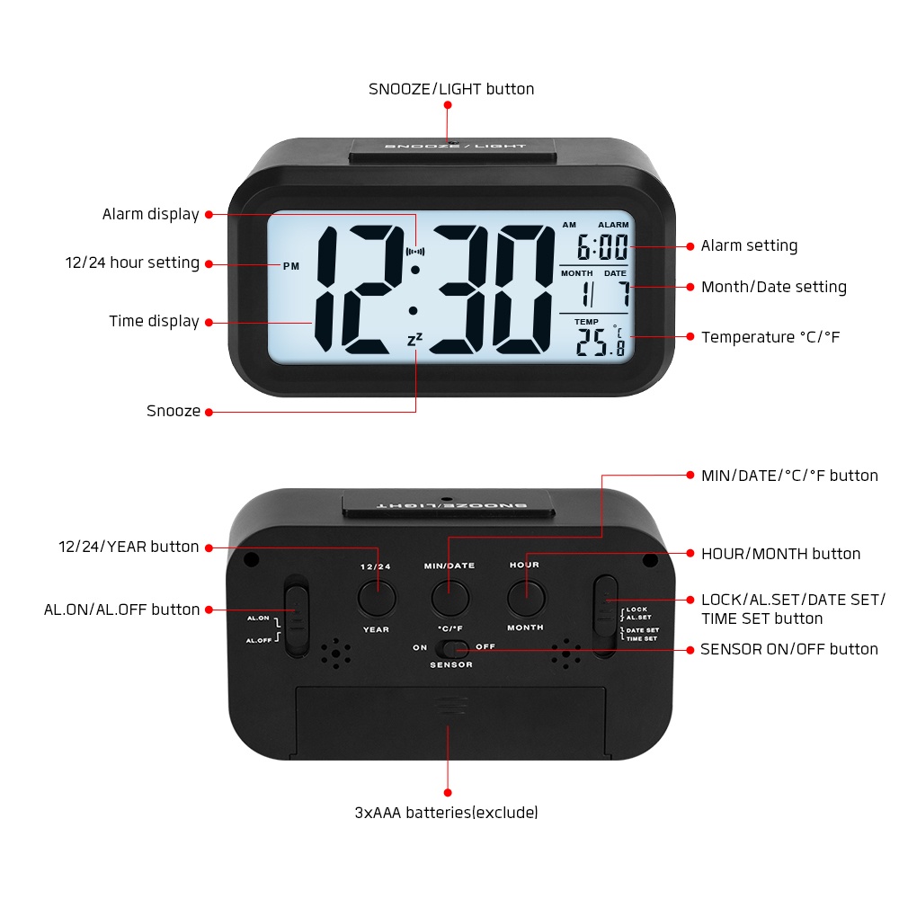 Jam Meja Digital / Jam Alarm Sensor Cahaya Pintar LED