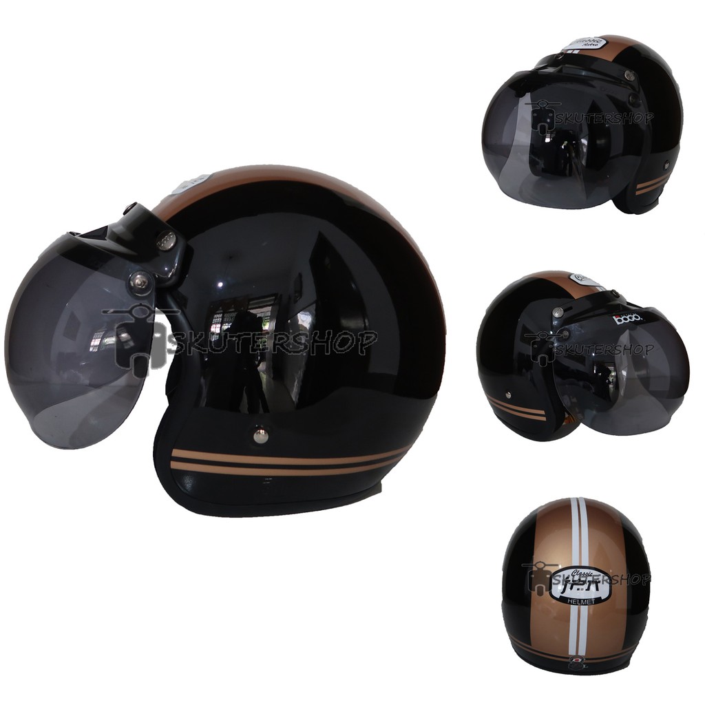 Helm Bogo JPN Retro SNI Klasik Motif CJR Classic Hitam Glossy Garis Gold Kaca Bogo Original Hitam