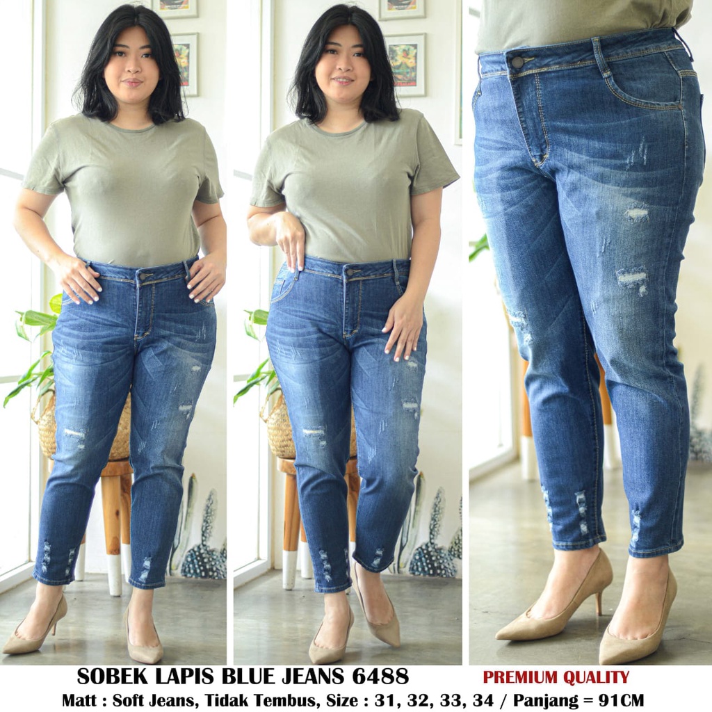 IB 6488 CELANA JEANS WANITA IMPORT SOBEK LAPIS DETAIL DI PICT...
