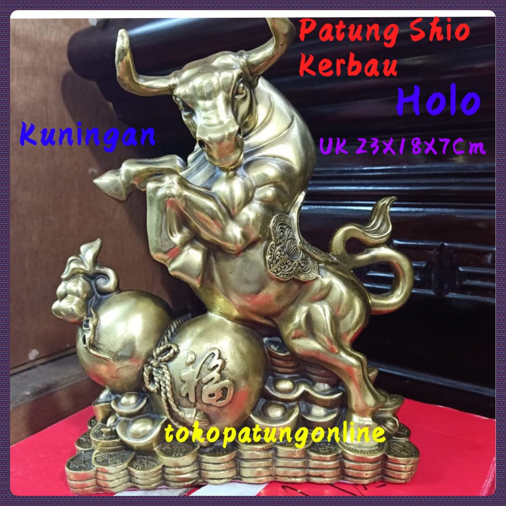 Patung Shio Kerbau Fengshui Kuningan Motif Holo 01