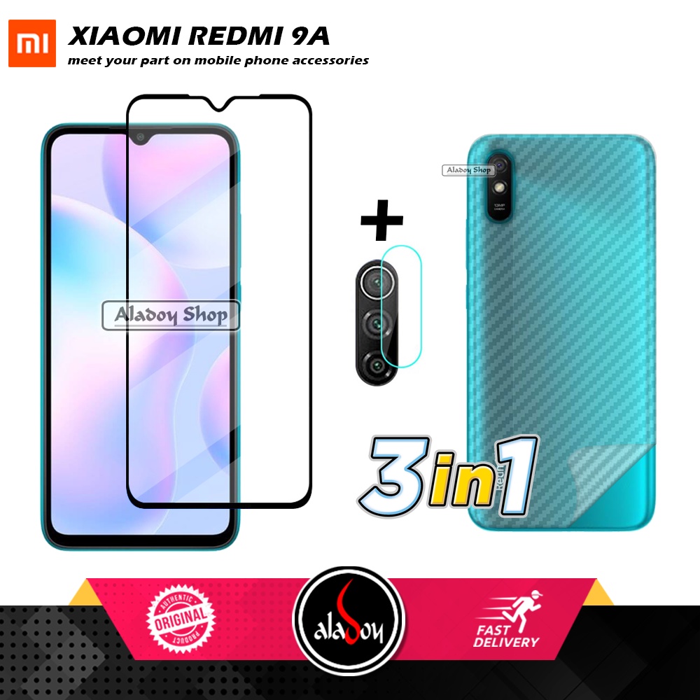 PAKET 3 IN 1 Tempered Glass Layar Xiaomi Redmi 9A Free Tempered Glass Camera dan Skin Carbon