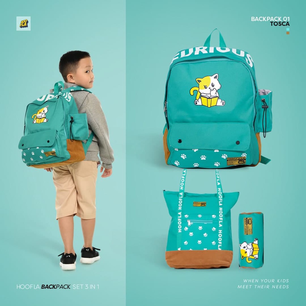 Tas Sekolah Anak Hoofla Backpack Set 3 in 1 Tas Ransel Totebag Pouch Tempat Pensil