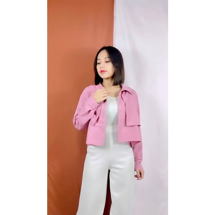 Tq88indonesia Fashion Kemeja Wanita Lengan panjang Terbaru / Anne Crop Shirt / Kem / Hem Polos / Busana Casual Wanita / Ootd / Outfit Kasual Kekinian