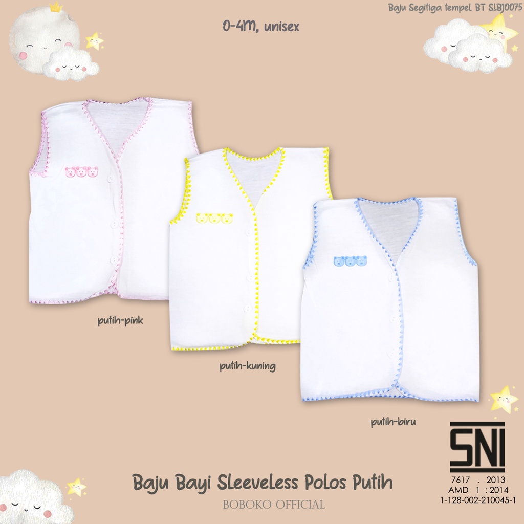 BOBOKO BAJU BAYI LENGAN KUTUNG POLOS PUTIH SEGI TIGA TEMPEL 0-4 bulan