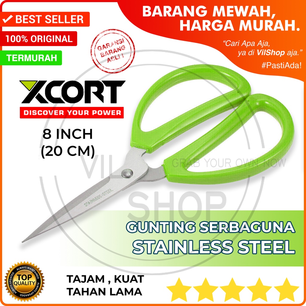 

GUNTING STAINLESS STEEL 8" 20 CM SERBAGUNA TAJAM TAHAN LAMA XCORT EXCORT / GREEN SCISSORS 20CM / GUNTING SAYUR MAKANAN KAIN KERTAS KARET BAN KULIT LAKBAN KARTON DUS PANJANG BESAR WARNA HIJAU BAGUS MURAH TERMURAH DI MEDAN BINJAI SUMATERA