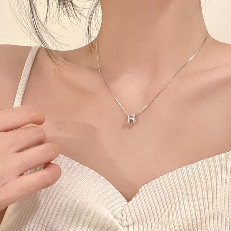 Kalung Rantai Klavikula Desain Huruf H Hias Berlian 2021 Untuk Wanita