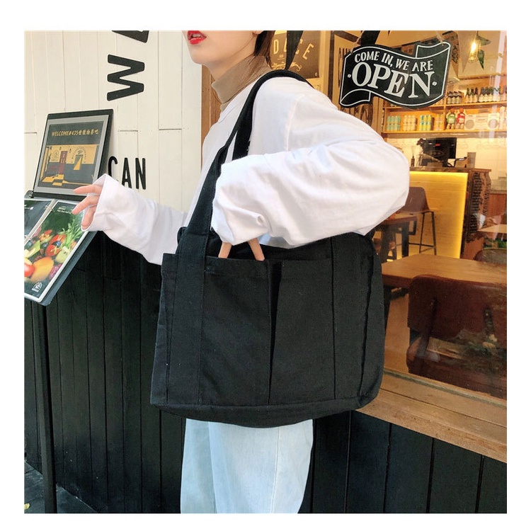 TC-137 tas canvas bahu simple hitam putih kampus sekolah import korea jepang