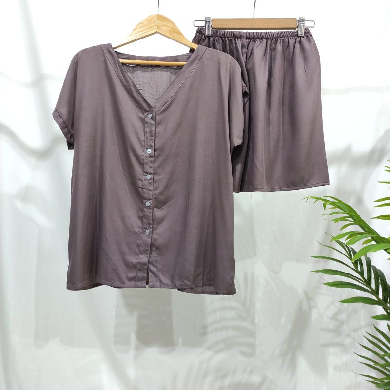 PIYAMA KANCING PENDEK | PIYAMA RAYON | BAJU TIDUR RAYON-VN BURGUNDY