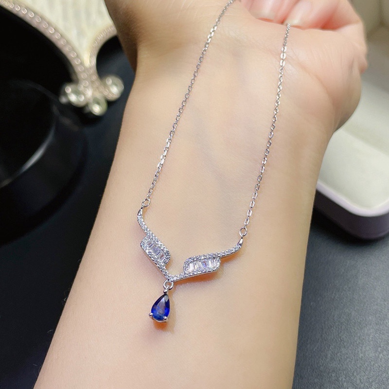 Kalung Dengan Liontin Bentuk Tetesan Air Bahan Cubic Zirconia Warna Biru Untuk Wanita