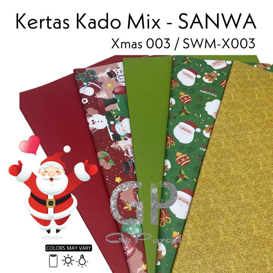 ( 5 Lembar 5 Motif ) NATAL MIX SANWA - KERTAS KADO - GIFT WRAP SANSAN WAWA XMAS MERRY CHRISTMAS BUNGKUS RED GREEN WHITE STAR