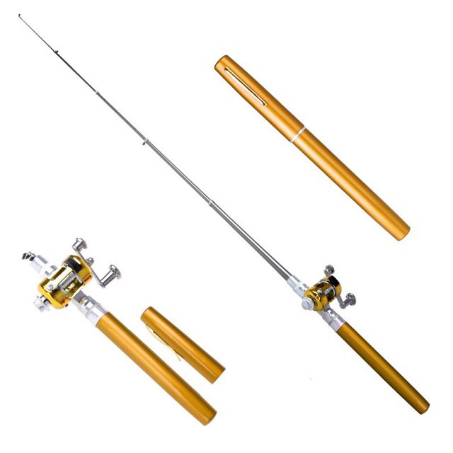 Pancingan Pulpen Mini Fishing Rod Pen Joran Pancing Pulpen Pancingan Portable Alat Pancing Paket-Gold Pena