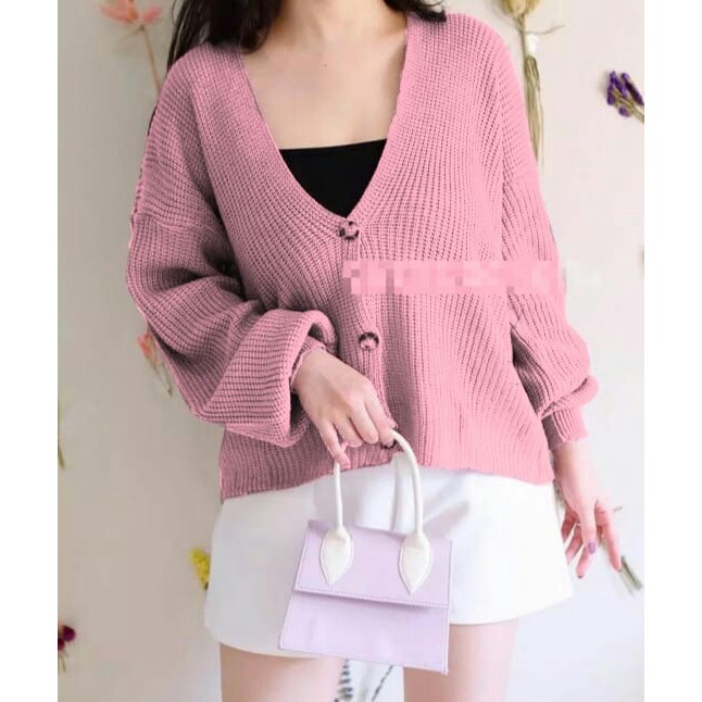 HOPYLOVY - Cardigan Rajut Wanita Lengan Puff Fista