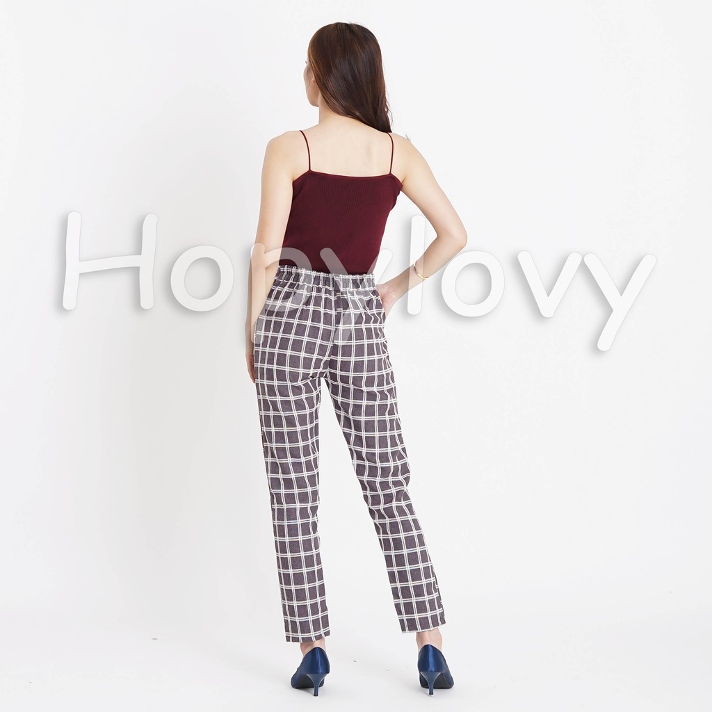 HOPYLOVY SALE - Celana Panjang Wanita / Celana Bahan Motif Kotak Cieko