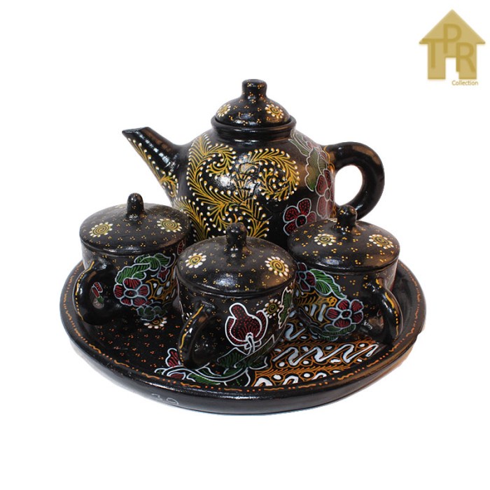 Gerabah Tea Set Premium - Poci Batik Tulis - Motif Spiral Bunga K