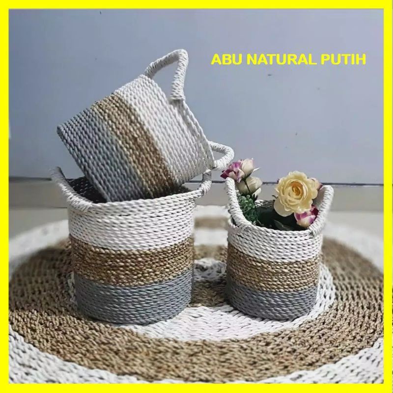 HIASAN KERANJANG ANYAM KUPING-COVER VAS KUPING-COVER POT ANYAM ISI 3 PCS  SEAGRASS BASKET