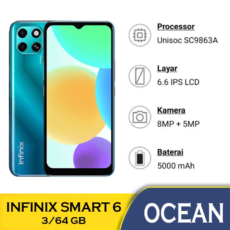 Markas Hp ✪ Bisa Cicil & COD ☑ Hp Infinix Smart 6 2 32 GB - Infinix Smart 6 3 64 GB | Smart 6 Plus NFC 2/32 GB Garansi Resmi Infinix Hp Baru-S6 3/64 Ocean
