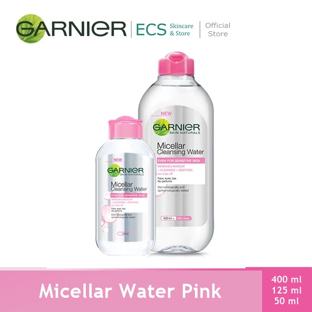 Garnier MICELLAR WATER PINK Untuk Kulit Sensitif - 50ml / 125 / 400 ml (Pembersih Wajah &amp; Makeup) - Ukuran Sedang Kecil Micelar Double Cleansing Untuk Kulit Sensitif