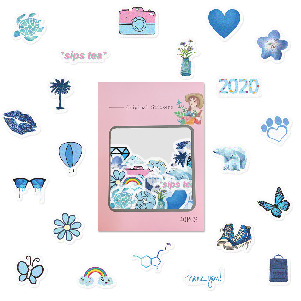 Blue small fresh VSCO and paper hand account stickers for DIY decoration diary book 40 pieces