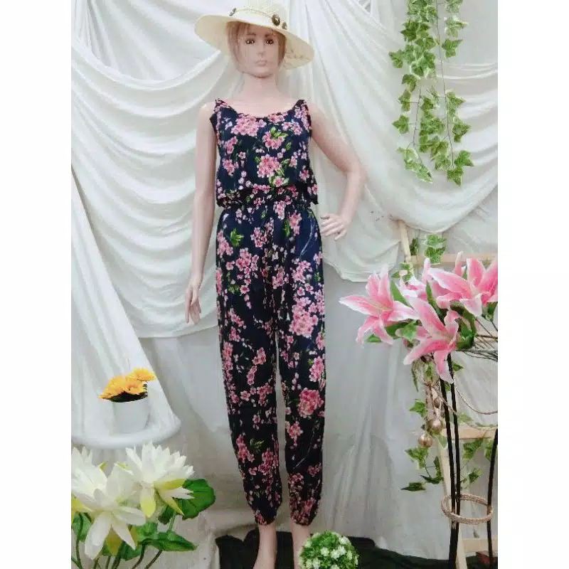 Jumpsuit kipir panjang khas Bali motif bunga / jumpsuit double layer