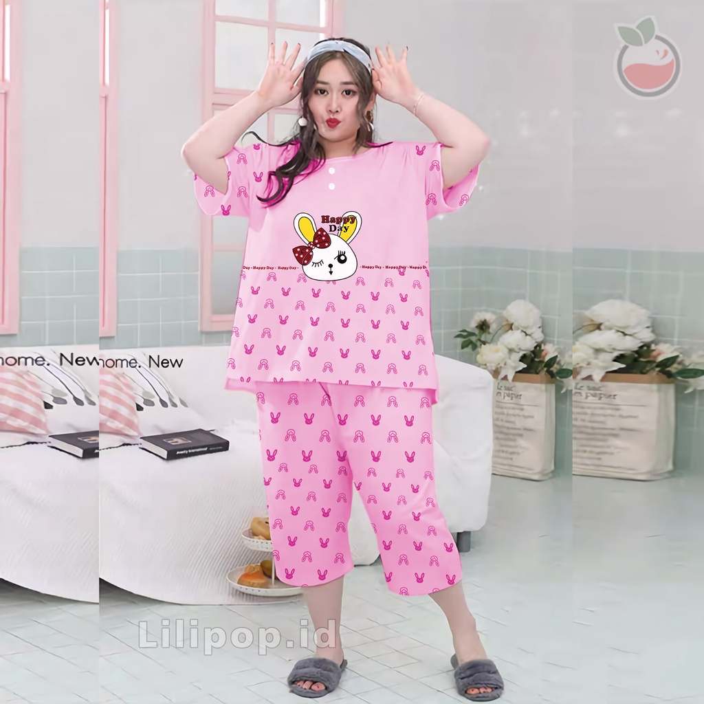 Lilipop.id  Baju Tidur Wanita Happy Day 3/4 Jumbo Celana Pendek XXXL Baby Doll Bahan Kaos