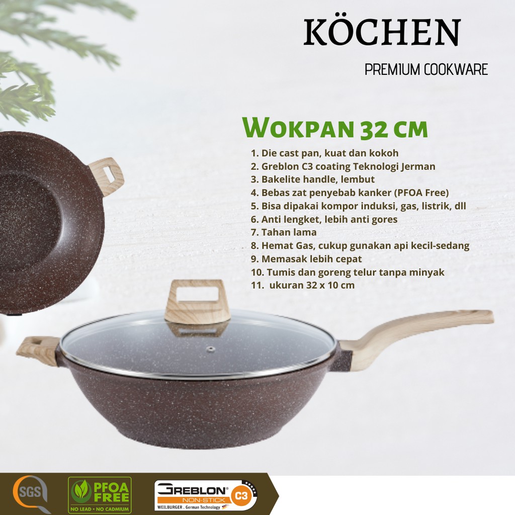 Panci granit coklat Wokpan 32 cm Kochen anti lengket greblon c3 coating