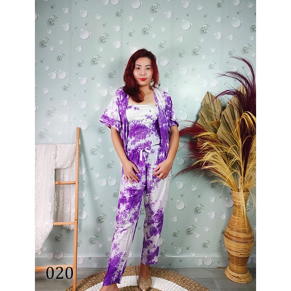 Baju Setelan 3in1 Wanita Kekinian Jumbo Set Cardigan Outer Kemben Tie Dye Abstrak Bunga