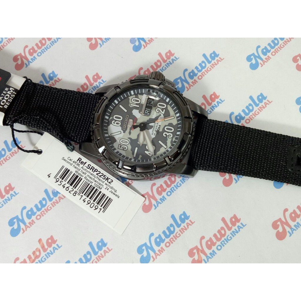 Seiko 5 Sports SRP225K2 Army Black Nylon - Jam Tangan Pria SRP225