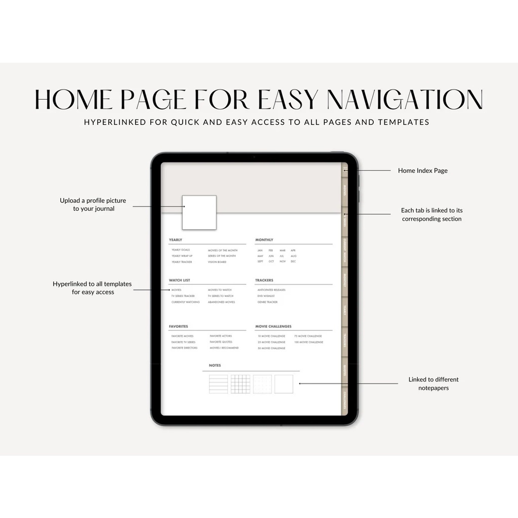 Digital Journal &amp; Planner - Digital Movie Review &amp; Tracker for Goodnotes, Notability, Xodo, (Full Page &amp; Tabs Hyperlinked)