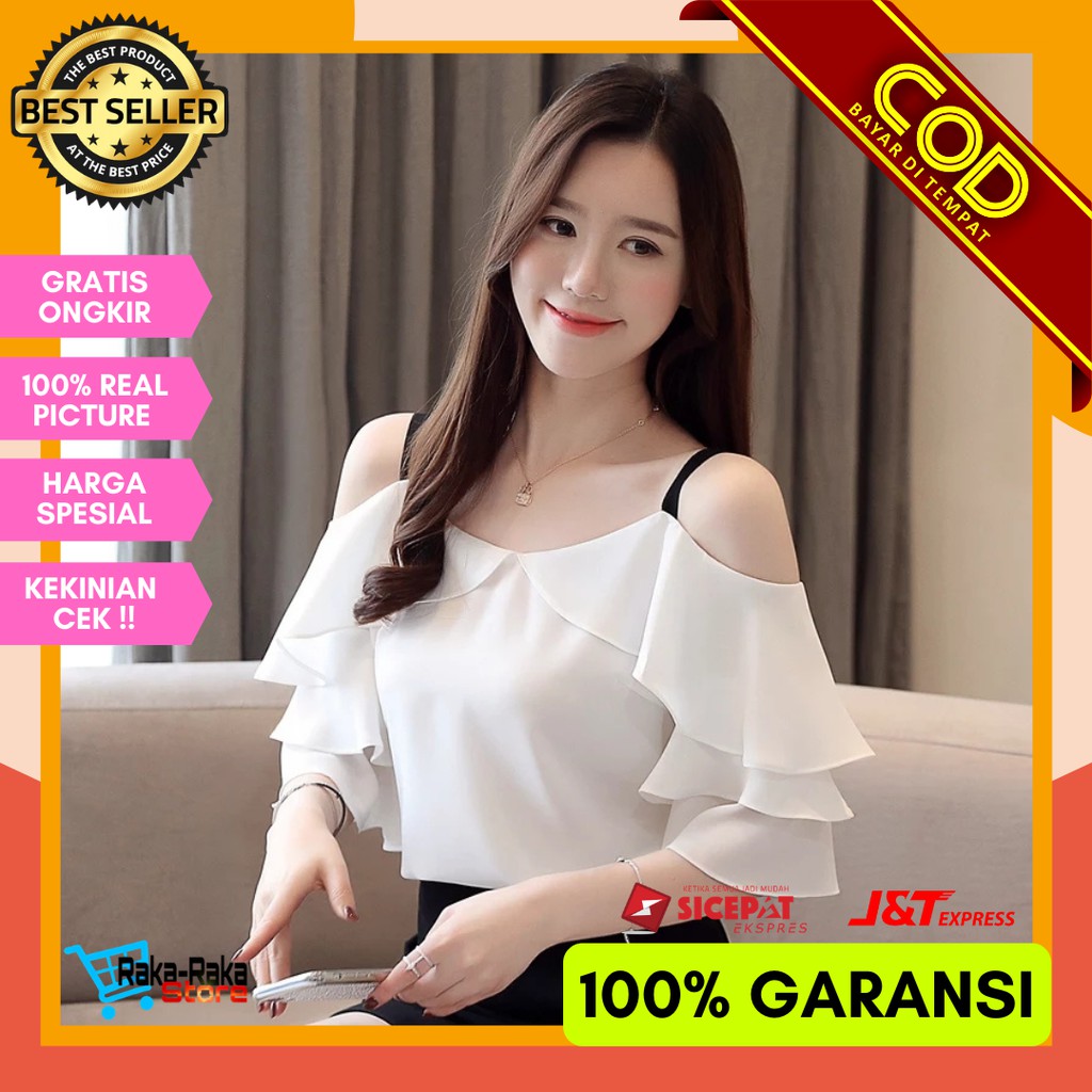 Baju Atasan Wanita Terbaru Blouse Cewek Import Korea Kasual Sabrina Murah Kekinian Putih 2021